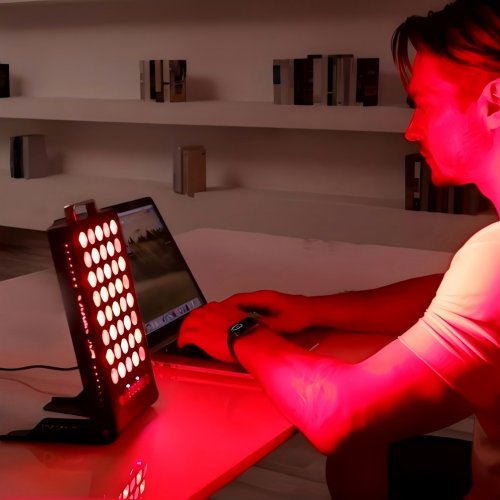 BestQool BQ40 red light therapy panel in use on a desk beside a laptop