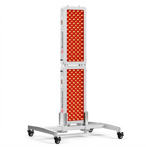 BestQool Pro100 half-body red light therapy panel shown on a stand