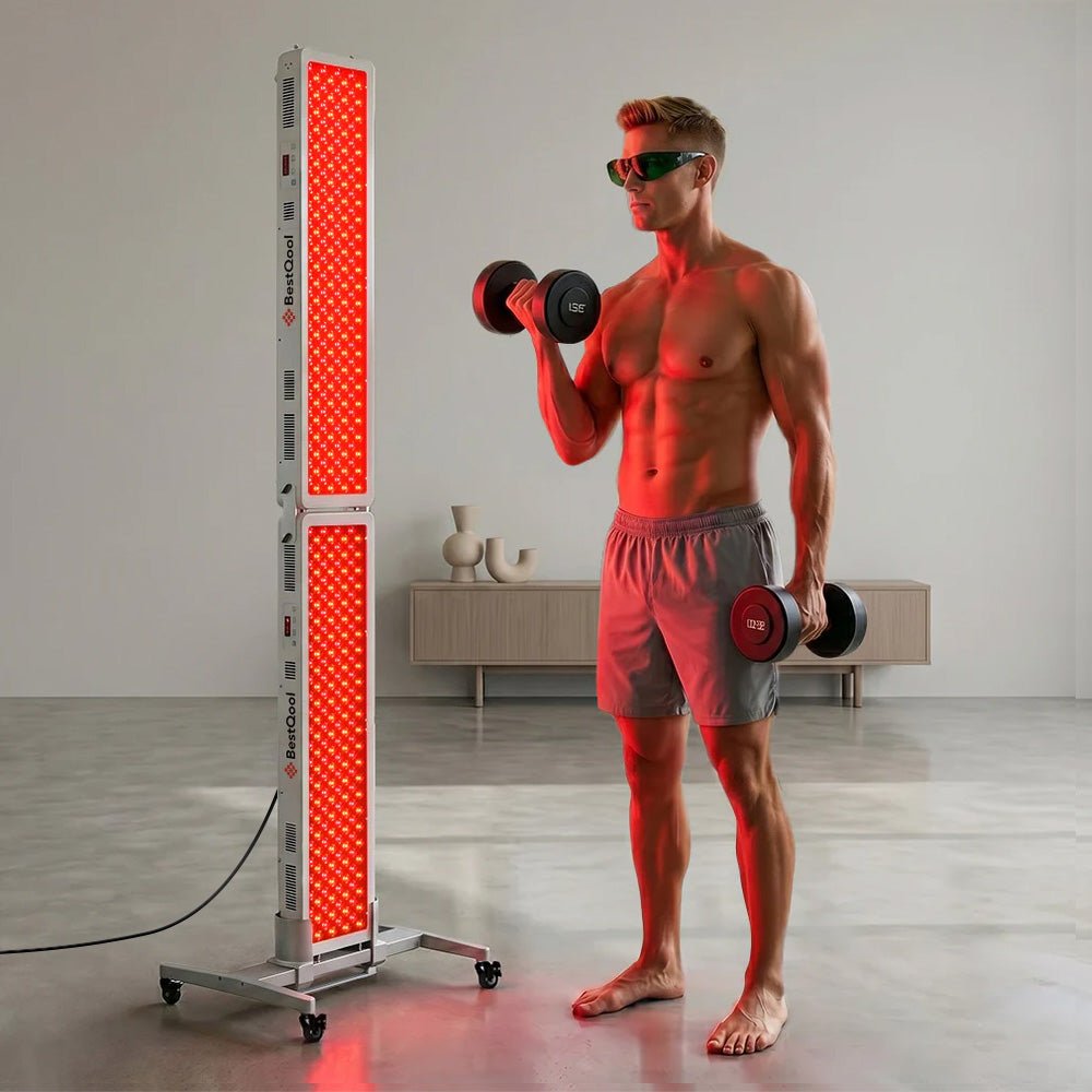 BestQool Pro200 full-body red light therapy panel in use
