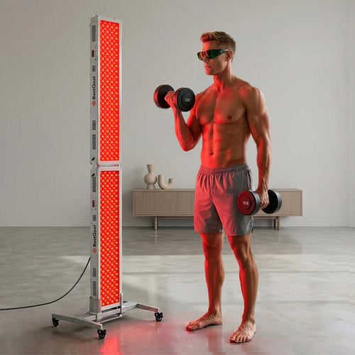BestQool Pro200 full-body red light therapy panel in use