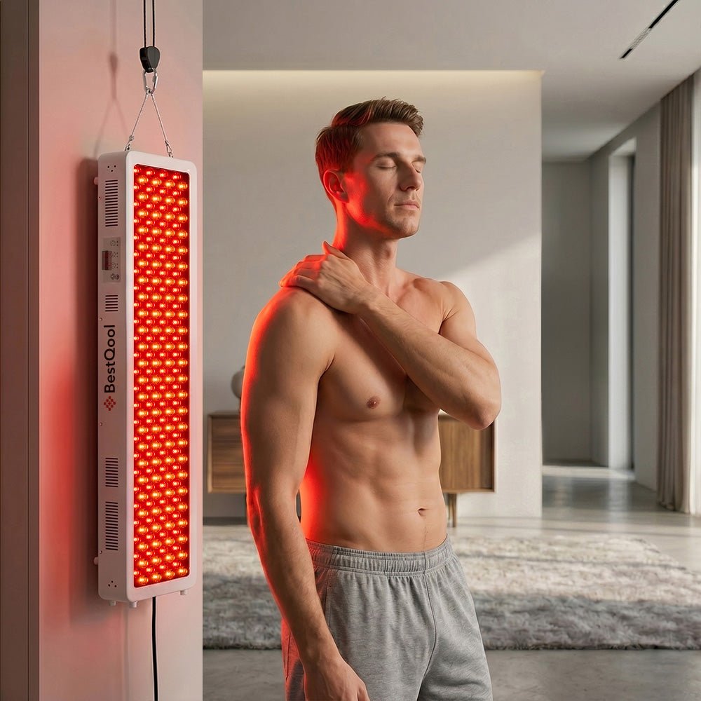 BestQool Pro200 full-body red light therapy panel in use