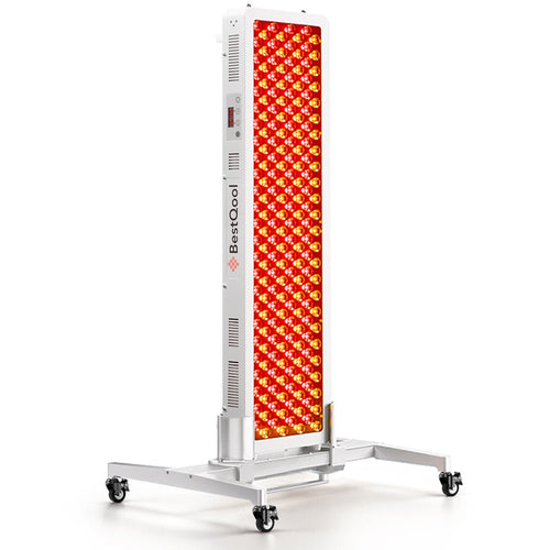 BestQool Pro200 full-body red light therapy panel shown on a stand
