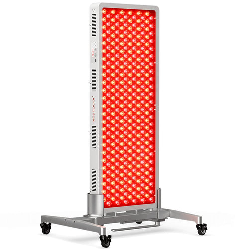 BestQool Pro300 full-body red light therapy panel shown on a stand
