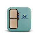 Direct front view of the SY teal hyperbaric chamber showing the external digital control interface, emergency stop button, and brand logo.