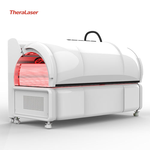 Exterior view of the closed TheraLaser system, a professional-grade full-body red and near-infrared light therapy solution for clinics.