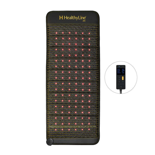 Jet Series PEMF Mat – A black heating mat with red LED lights and a controller