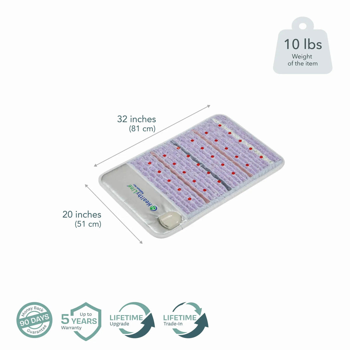 Dimensions of the HealthyLine Platinum PEMF mat, 32 x 20 in., 10 lbs