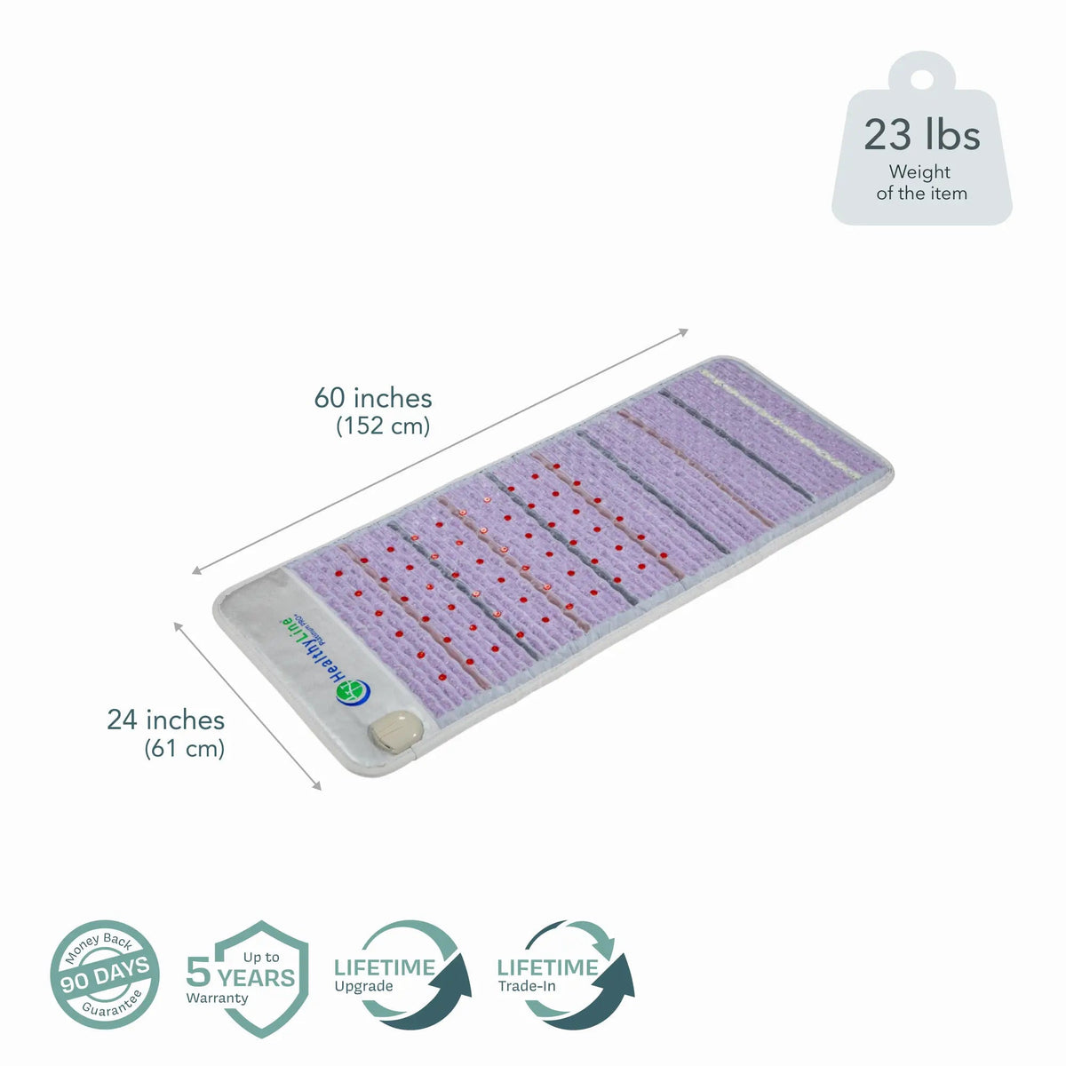 Dimensions of the HealthyLine Platinum PEMF mat, 60 x 24 in., 23 lbs