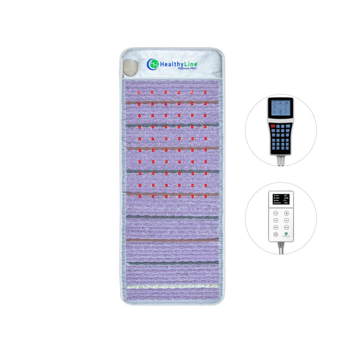 HealthyLine Platinum PEMF mat, 60 x 24 in., with both controllers on a white background