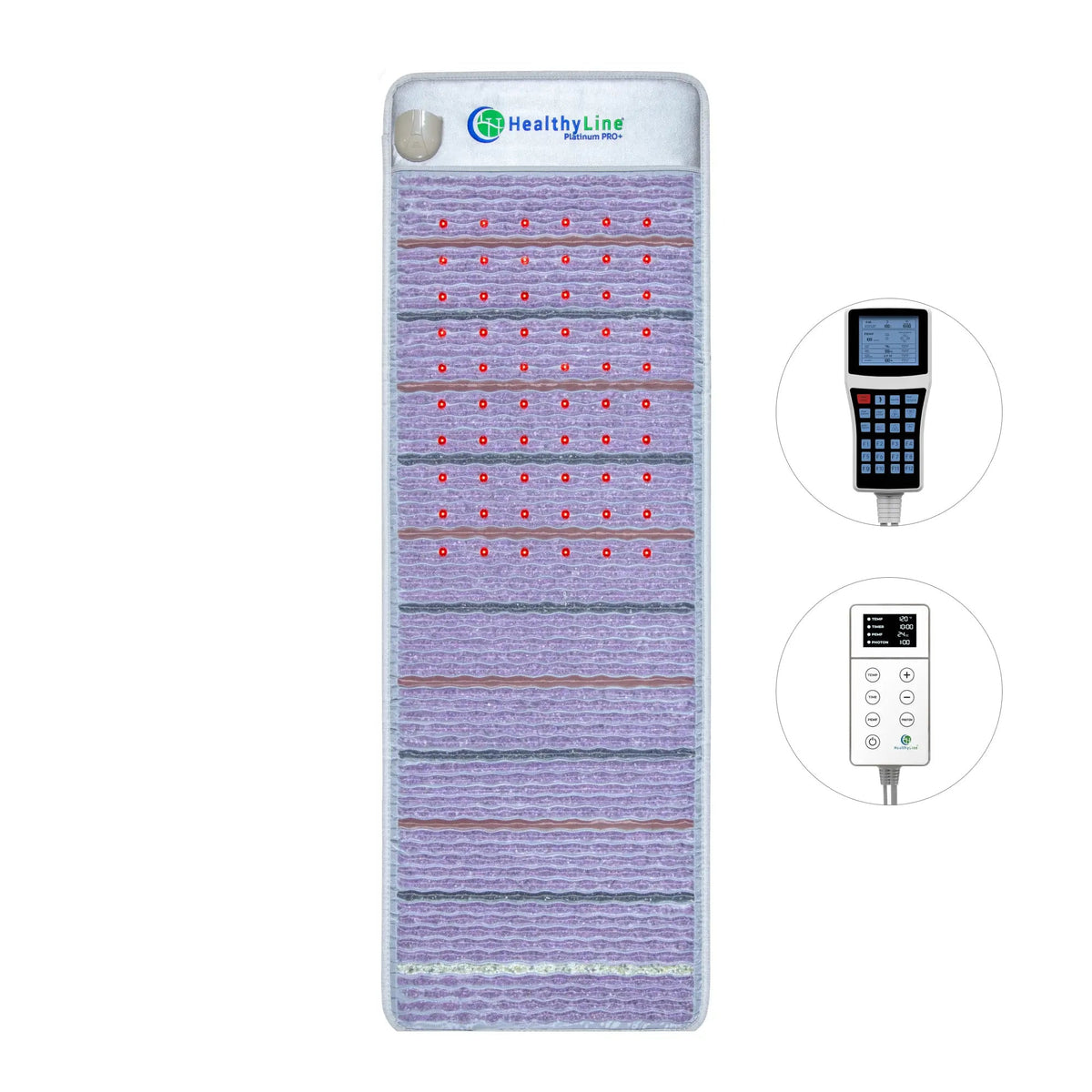 HealthyLine Platinum PEMF mat, 72 x 24 in., with both controllers on a white background