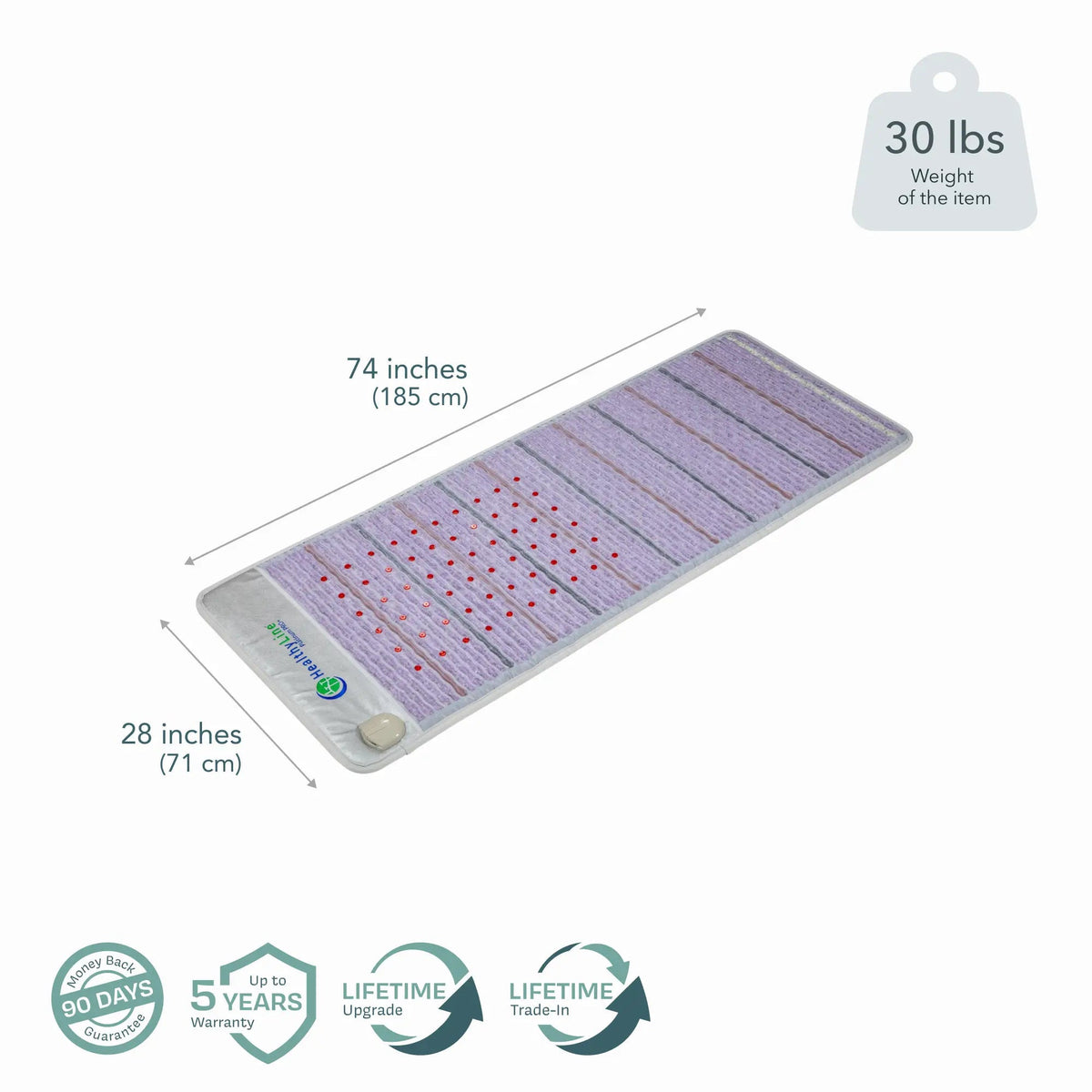 Dimensions of the HealthyLine Platinum Pro PLUS PEMF mat, 74 x 28 in., 30 lbs