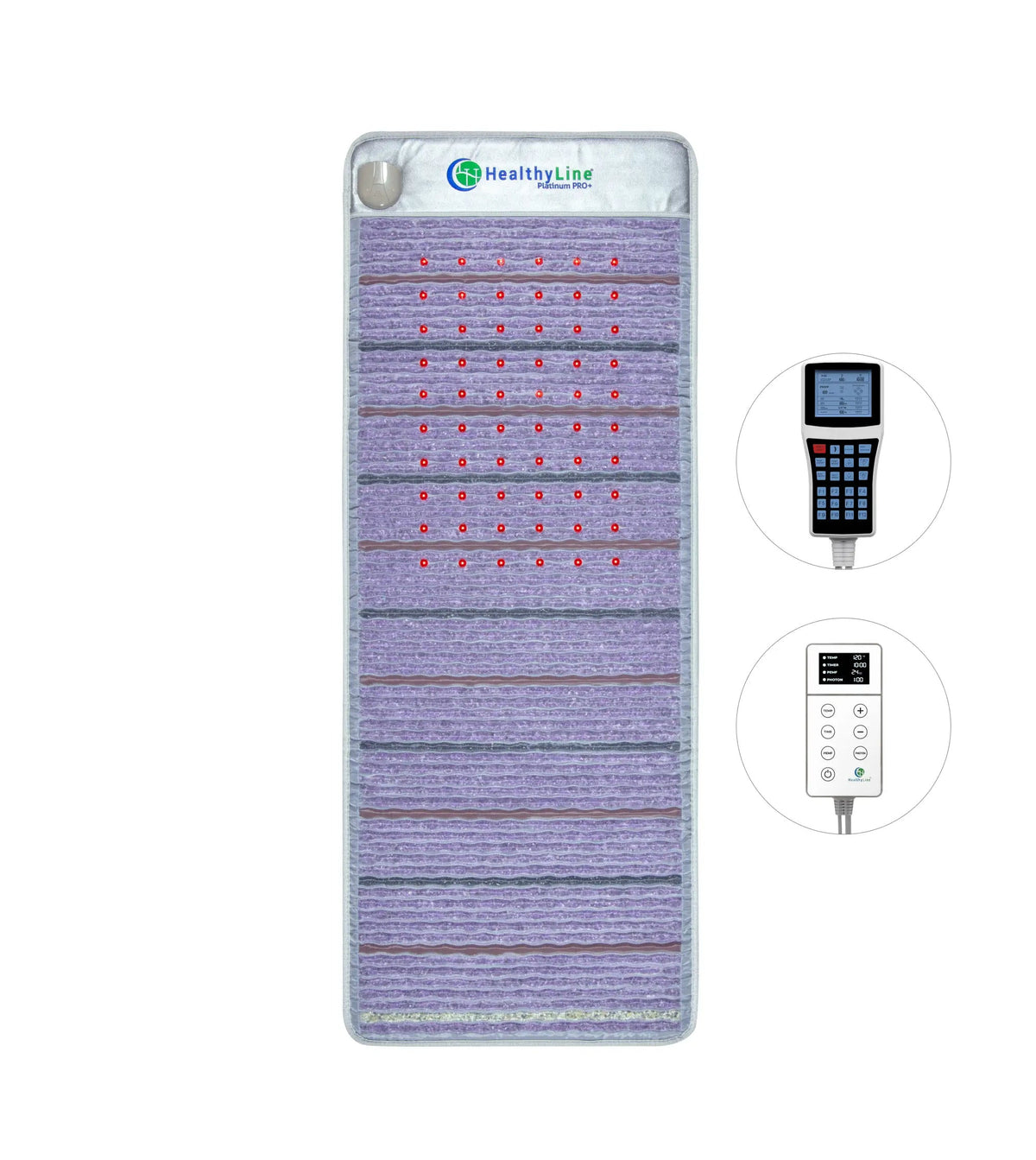 HealthyLine Platinum Pro PLUS PEMF mat, 74 x 28 in., with both controllers on a white background