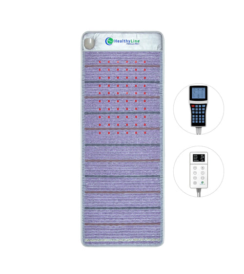 HealthyLine Platinum Pro PLUS PEMF mat, 74 x 28 in., with both controllers on a white background