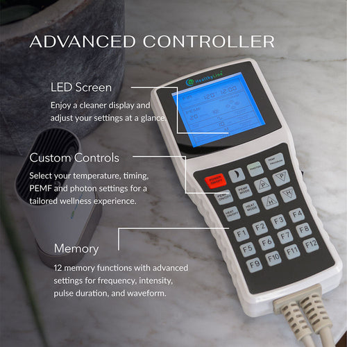 Infographic of the Platinum advanced handheld PEMF controller with LED screen, custom controls and memory