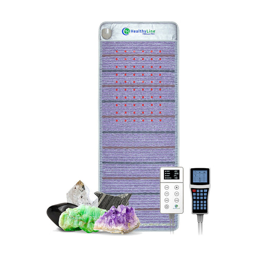 HealthyLine Platinum PEMF mat with advanced and LED controllers and gemstones on a white background