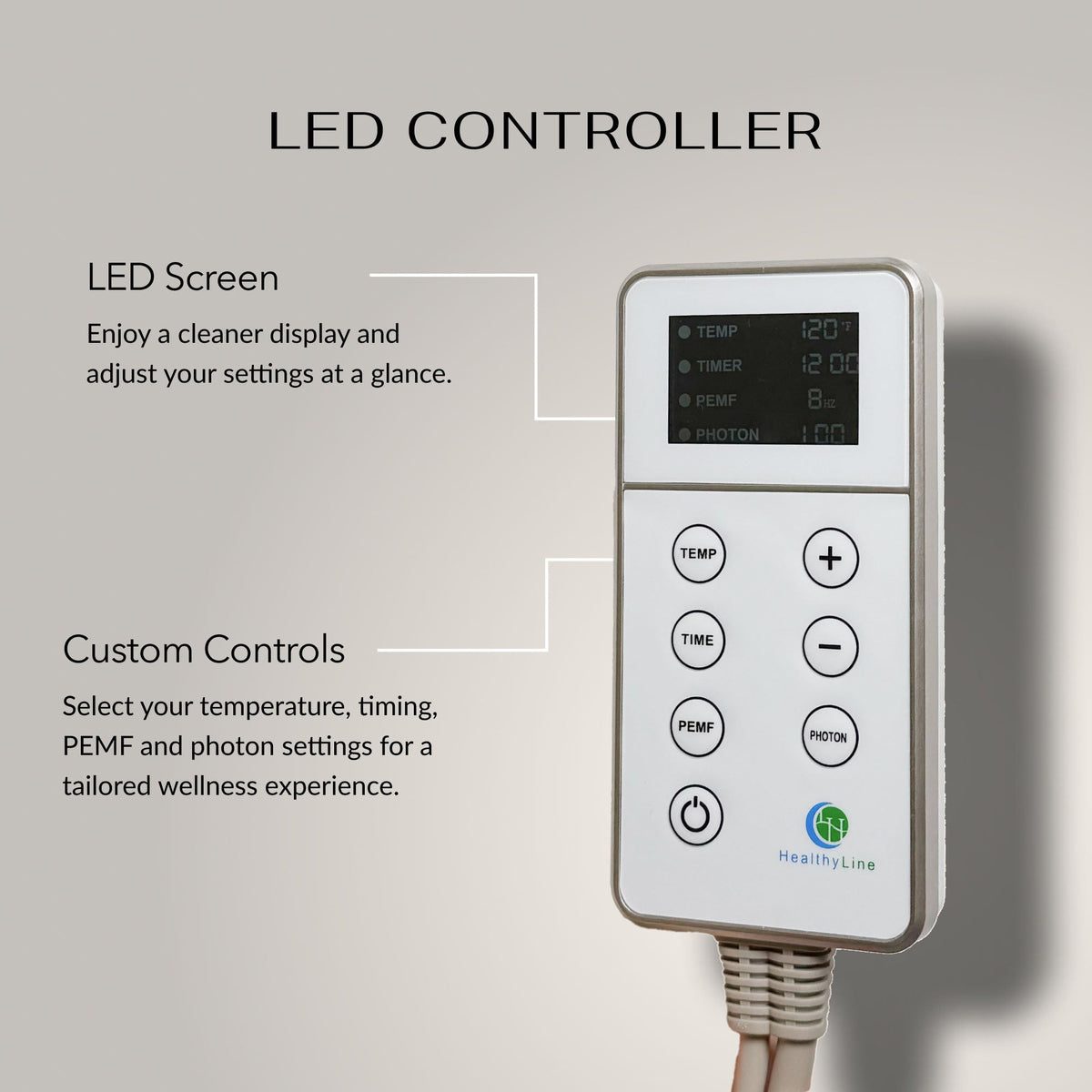 Infographic of the Platinum LED controller for temperature, timer, PEMF and photon settings