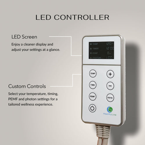 Infographic of the Platinum LED controller for temperature, timer, PEMF and photon settings