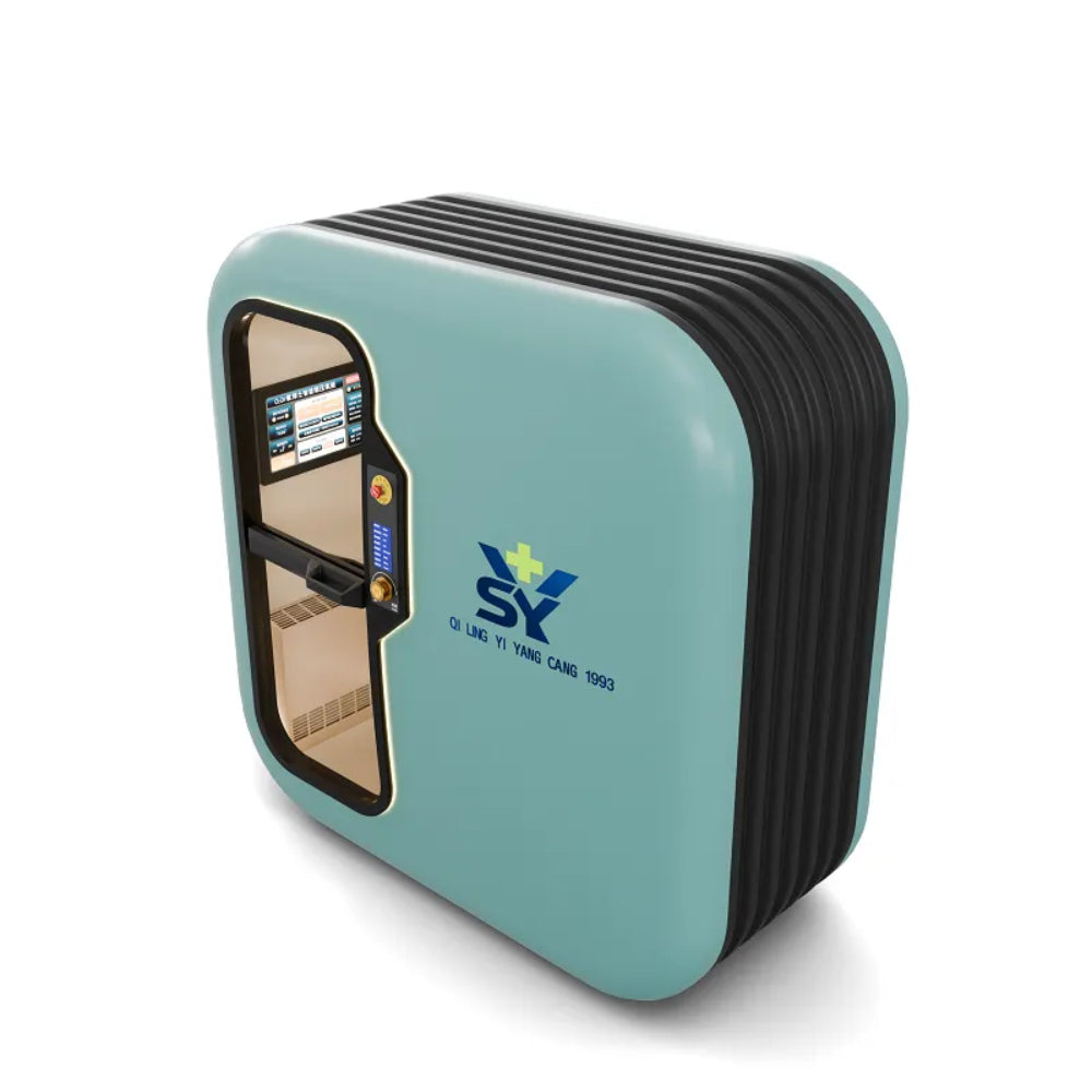 A high-angle shot of the SY carbon fiber oxygen chamber highlighting the black corrugated top shell and the spacious interior cabin.