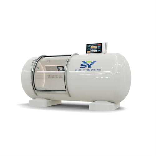 A white YCDY-G01D mild hyperbaric oxygen chamber for home wellness, showcasing the anti-explosion AC system vents and premium piano lacquer finish.