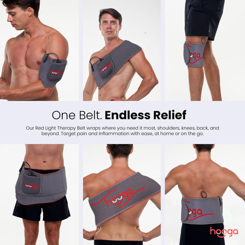 Flexible wearable design wraps comfortably around the back, shoulders, knees, arms, and other treatment areas.