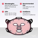 Triple-chip LED facial mask featuring 630 nm, 660 nm, and 850 nm wavelengths with 50 mW/cm2 irradiance