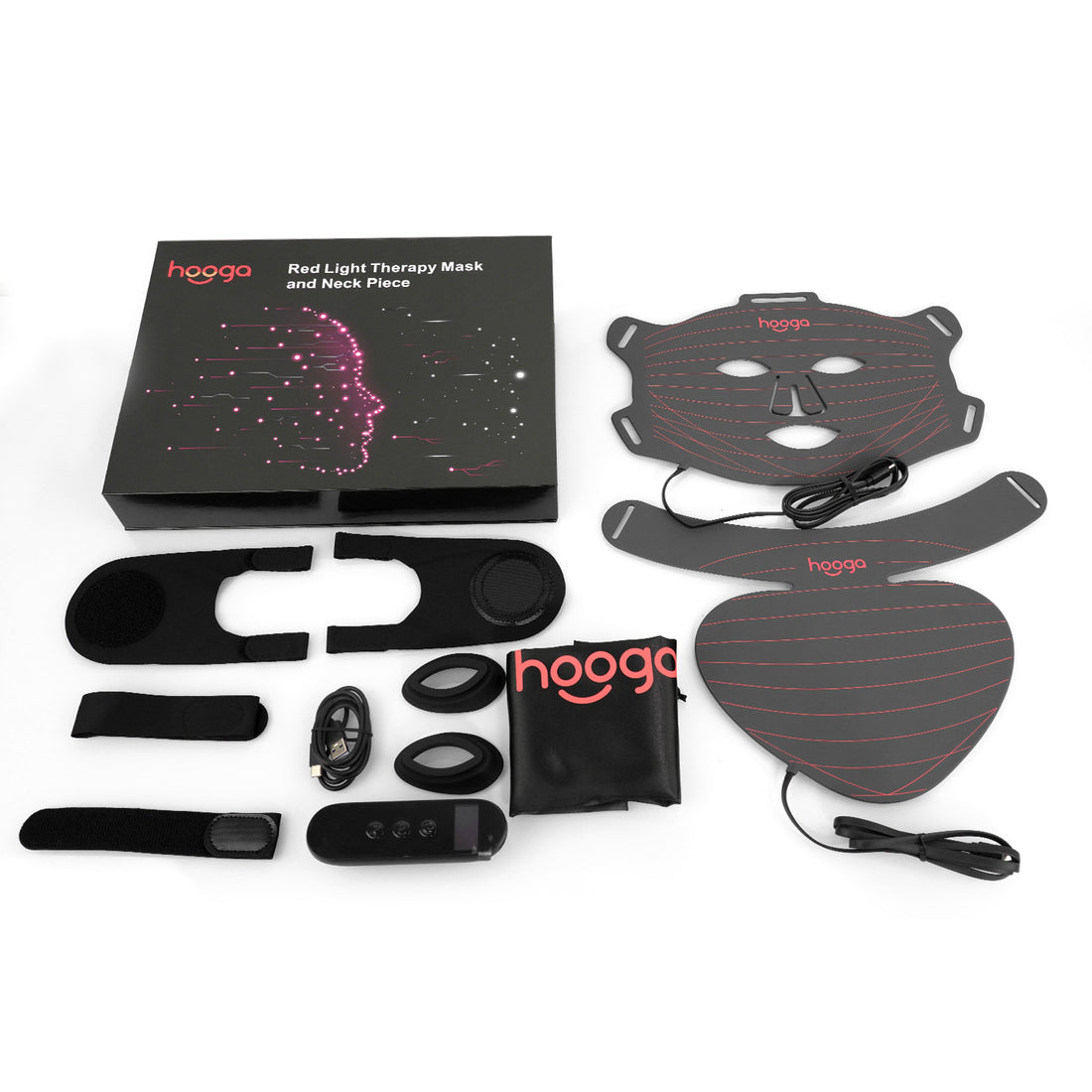 Complete Hooga Portable Red Light Therapy Face Mask kit with face mask, neck piece, controller, eye pads, straps, charging cable, and storage pouch