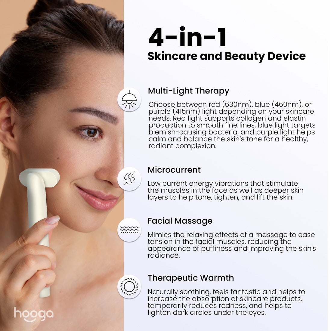 4-in-1 skincare device featuring multi-light therapy, microcurrent, facial massage, and therapeutic warmth