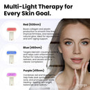 Three light therapy modes with red 630 nm, blue 460 nm, and purple 415 nm wavelengths