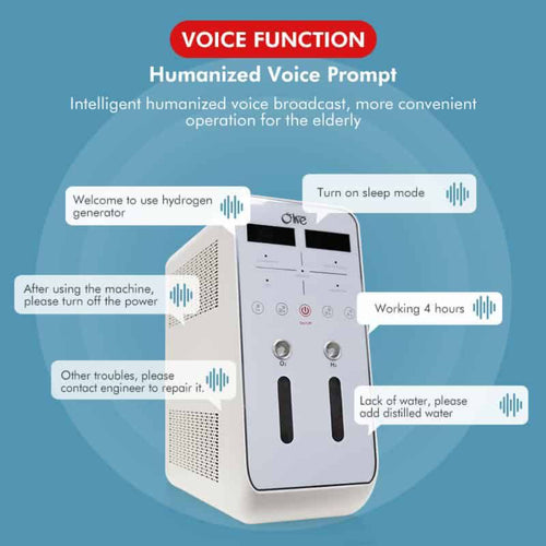 Olive hydrogen generator highlighting humanized voice prompts for water levels, sleep mode, and maintenance alerts.
