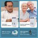 Collage showing hydrogen inhalation methods including single/double absorption, ear straws for tinnitus, and eye mask for fatigue.