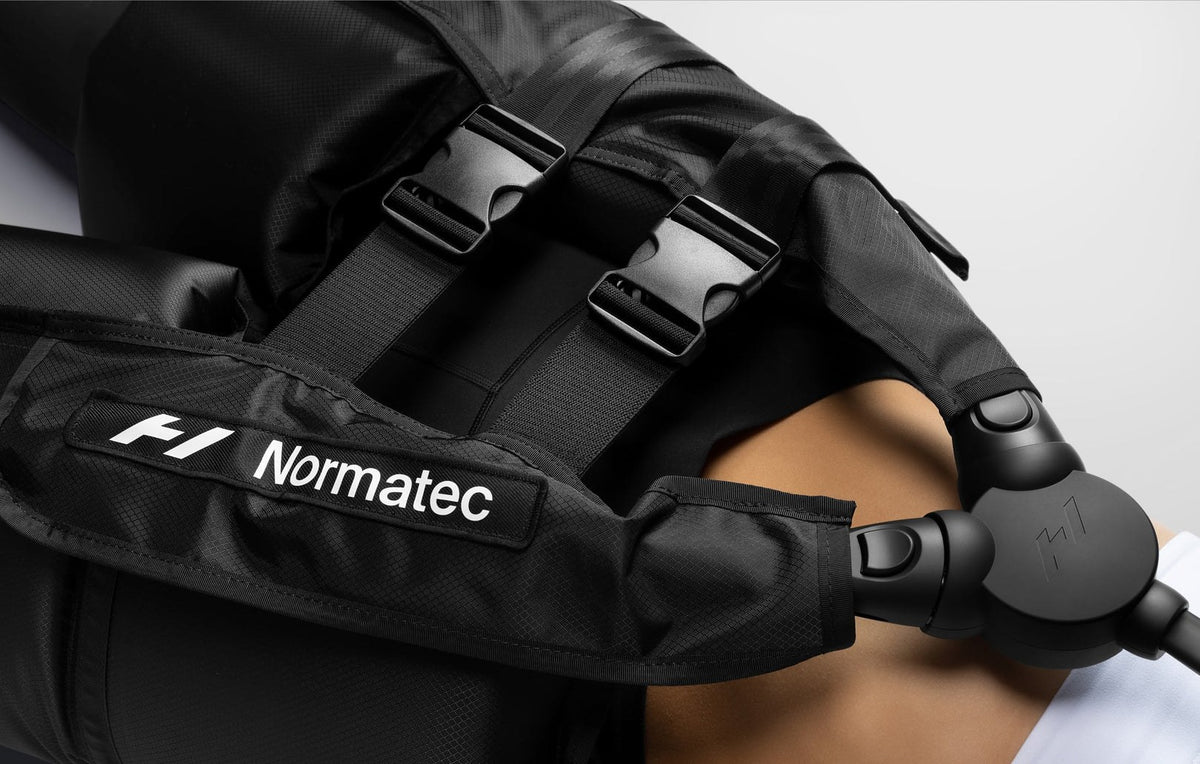 Hyperice Normatec 3 Full Body with the hip attachment.