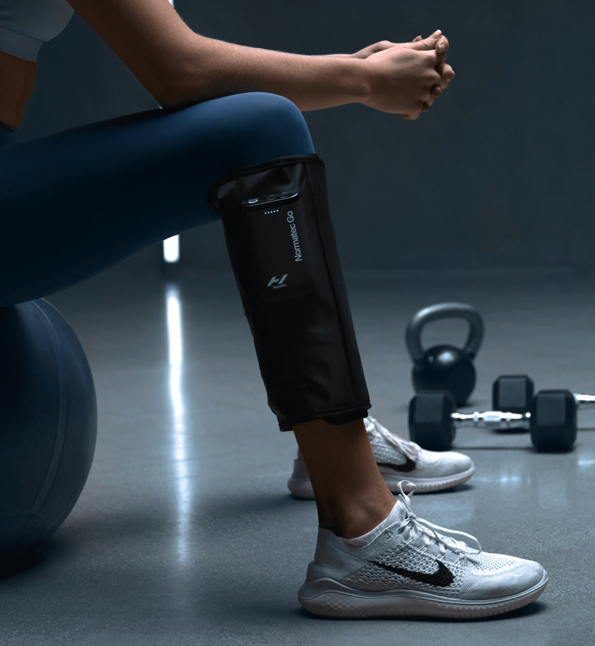 Hyperice Normatec Go worn during use.