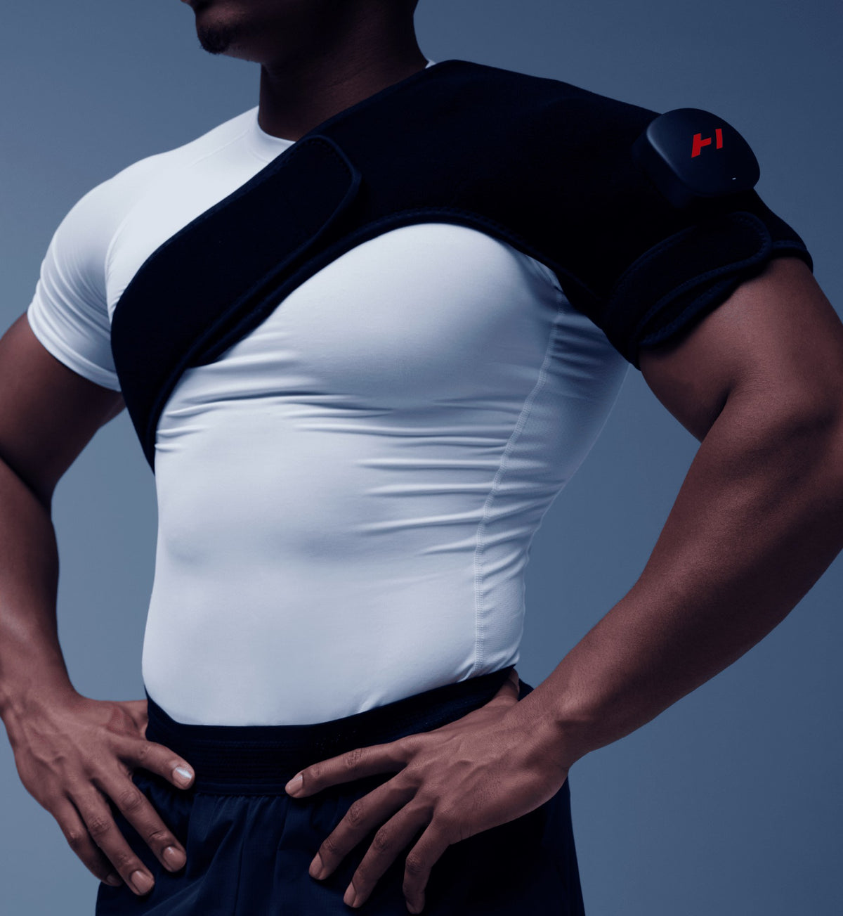 Hyperice Venom 2 Shoulder worn during use.