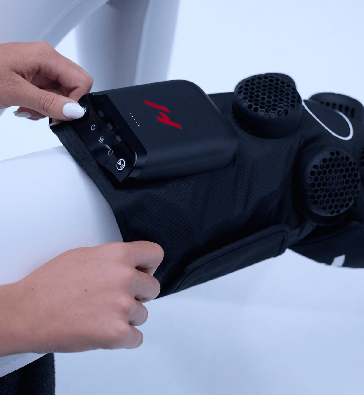 Hyperice X 2 Knee worn during use.