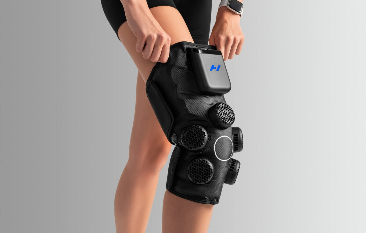 Hyperice X 2 Knee worn during use.