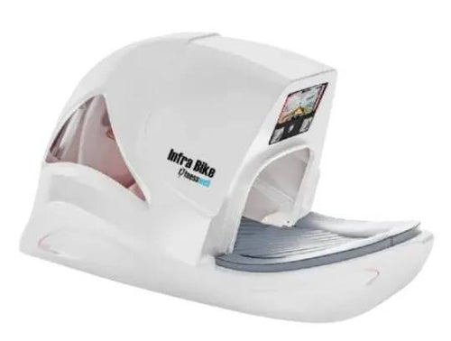 White Infra Bike with enclosed design and touchscreen display on top