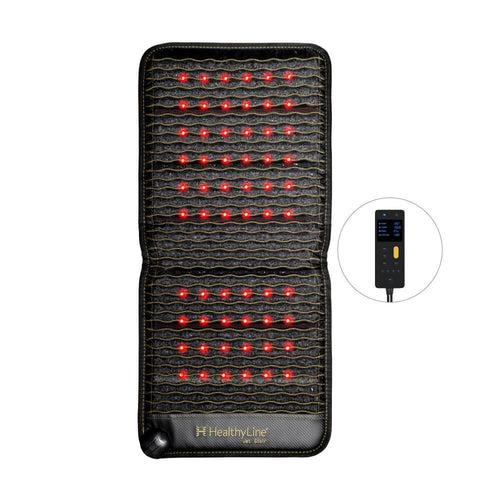 Heated therapy mat with red LED lights and a digital controller