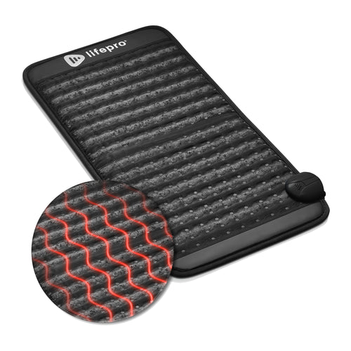 Lifepro InfraZen far infrared PEMF mat shown at an angle with the control unit and a close-up of the heating wire pattern