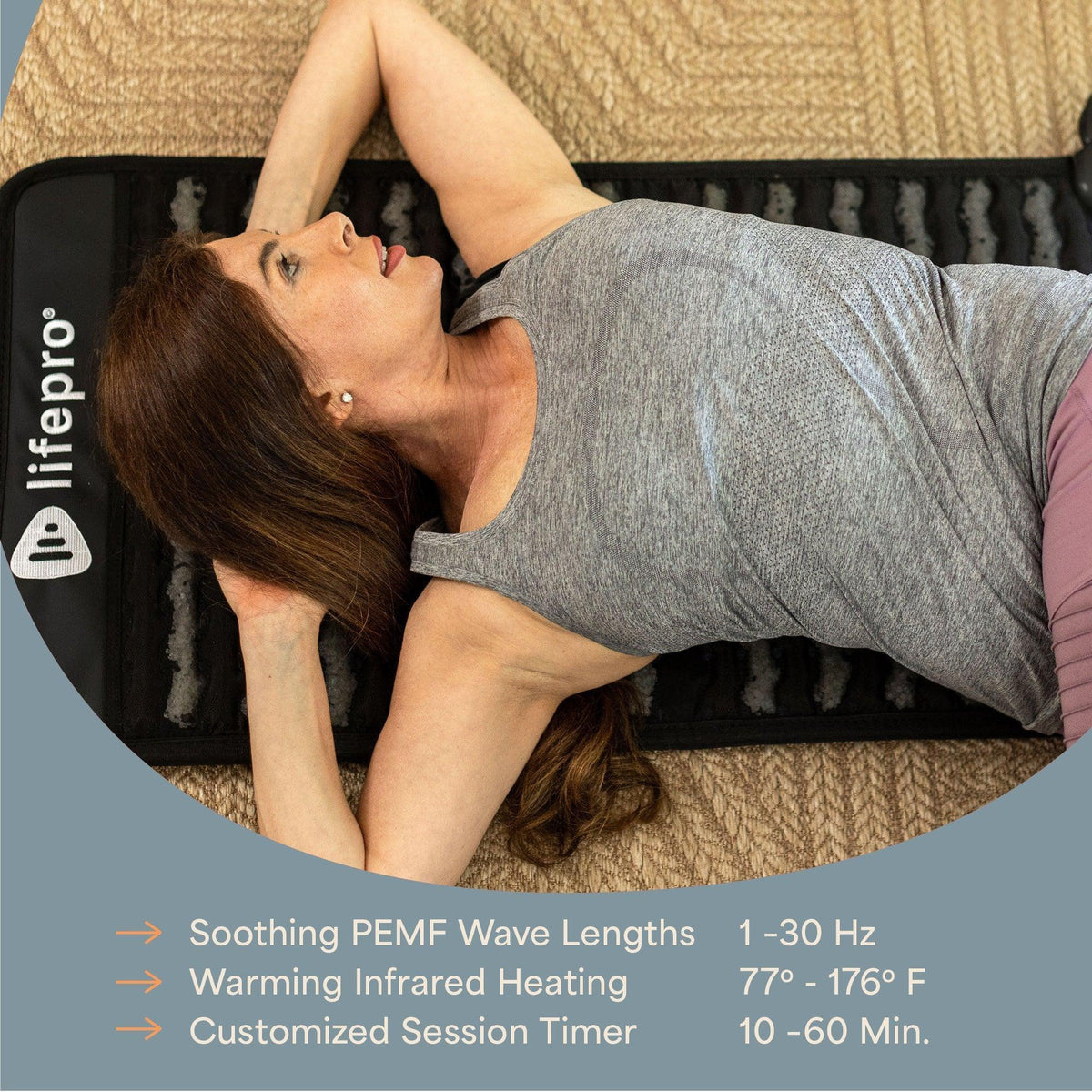 Lifepro InfraZen PEMF mat with callouts for PEMF wave lengths, infrared heating range and session timer