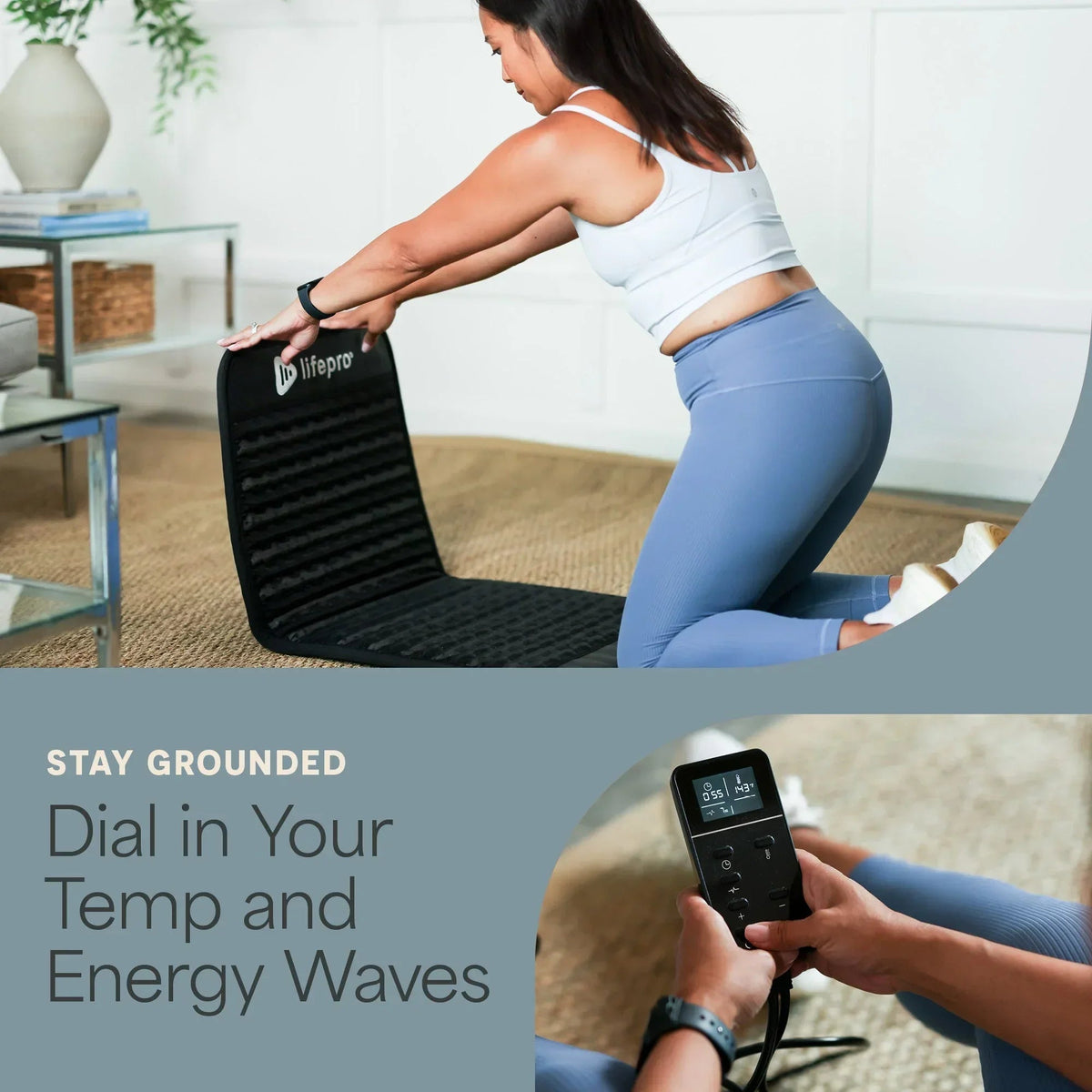 Woman folding the Lifepro InfraZen PEMF mat, with the digital remote control for temperature and PEMF settings