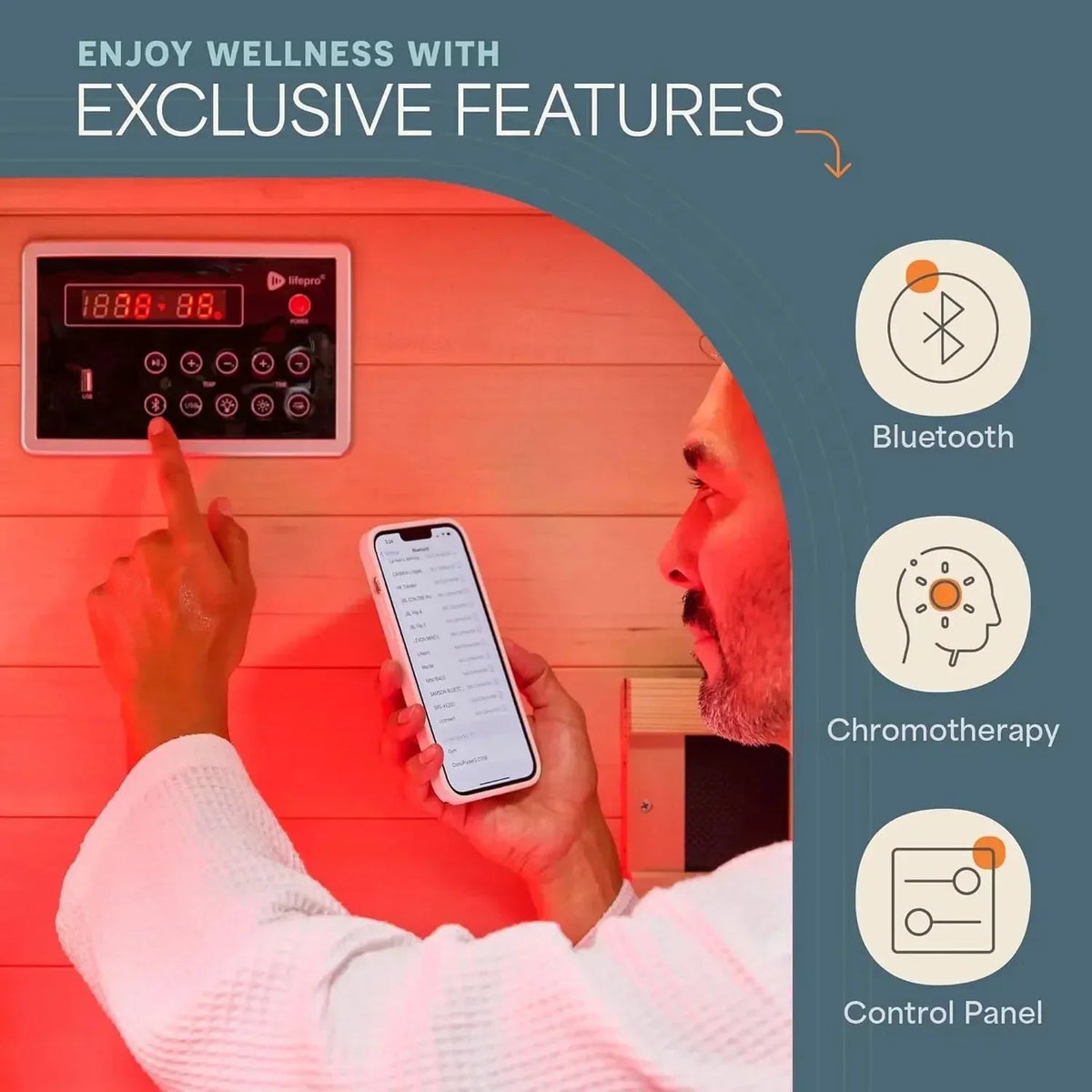Lifepro Rejuvacure Cozy far infrared sauna control display and Bluetooth