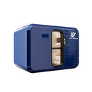 A high-end 4-person hard-shell hyperbaric chamber in navy blue with a glossy finish, highlighting the spacious cabin design and integrated ventilation systems.