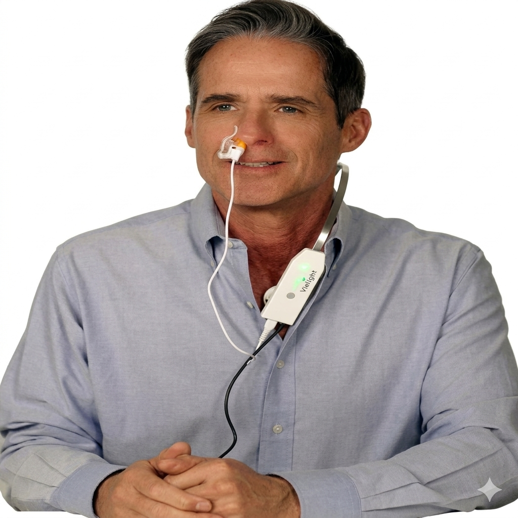 A man wearing the Vielight V-Immune device, demonstrating the comfortable, hands-free design of the nasal applicator and chest-worn thymus module used for systemic wellness and immune support.