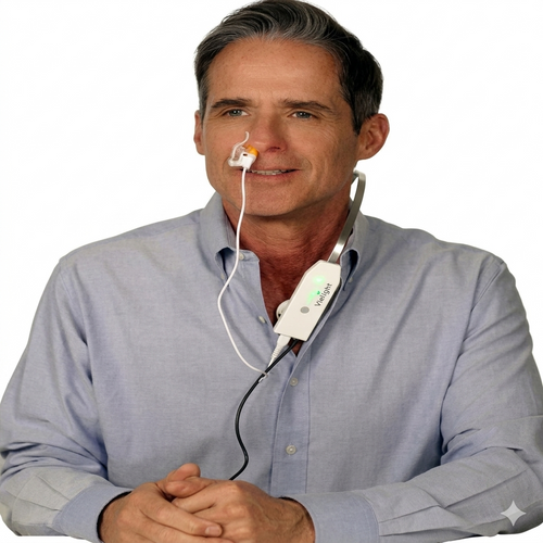 A man wearing the Vielight V-Immune device, demonstrating the comfortable, hands-free design of the nasal applicator and chest-worn thymus module used for systemic wellness and immune support.