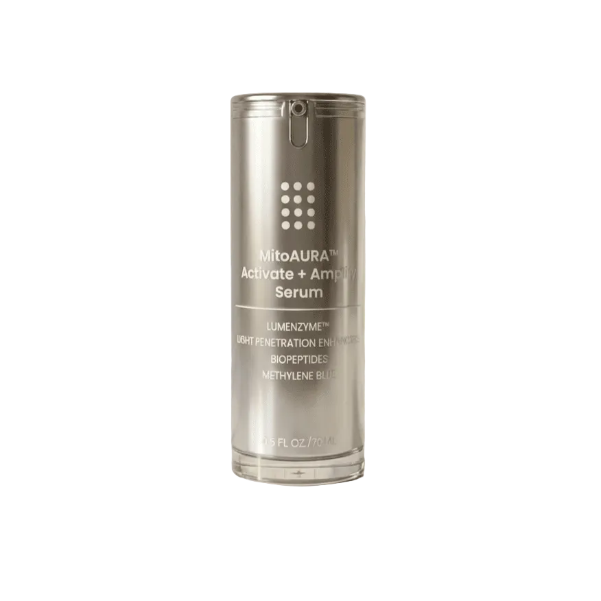 Skincare serum bottle labeled 'MitoAURA' on white background