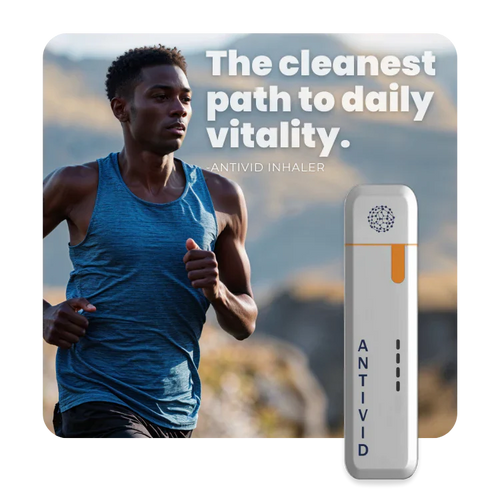 Antivid inhaler with athlete running, text daily vitality