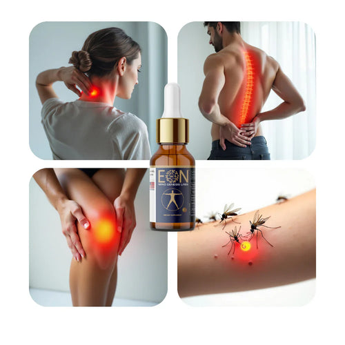 EON C60 bottle with images of pain relief for neck, back, knee, and insect bites