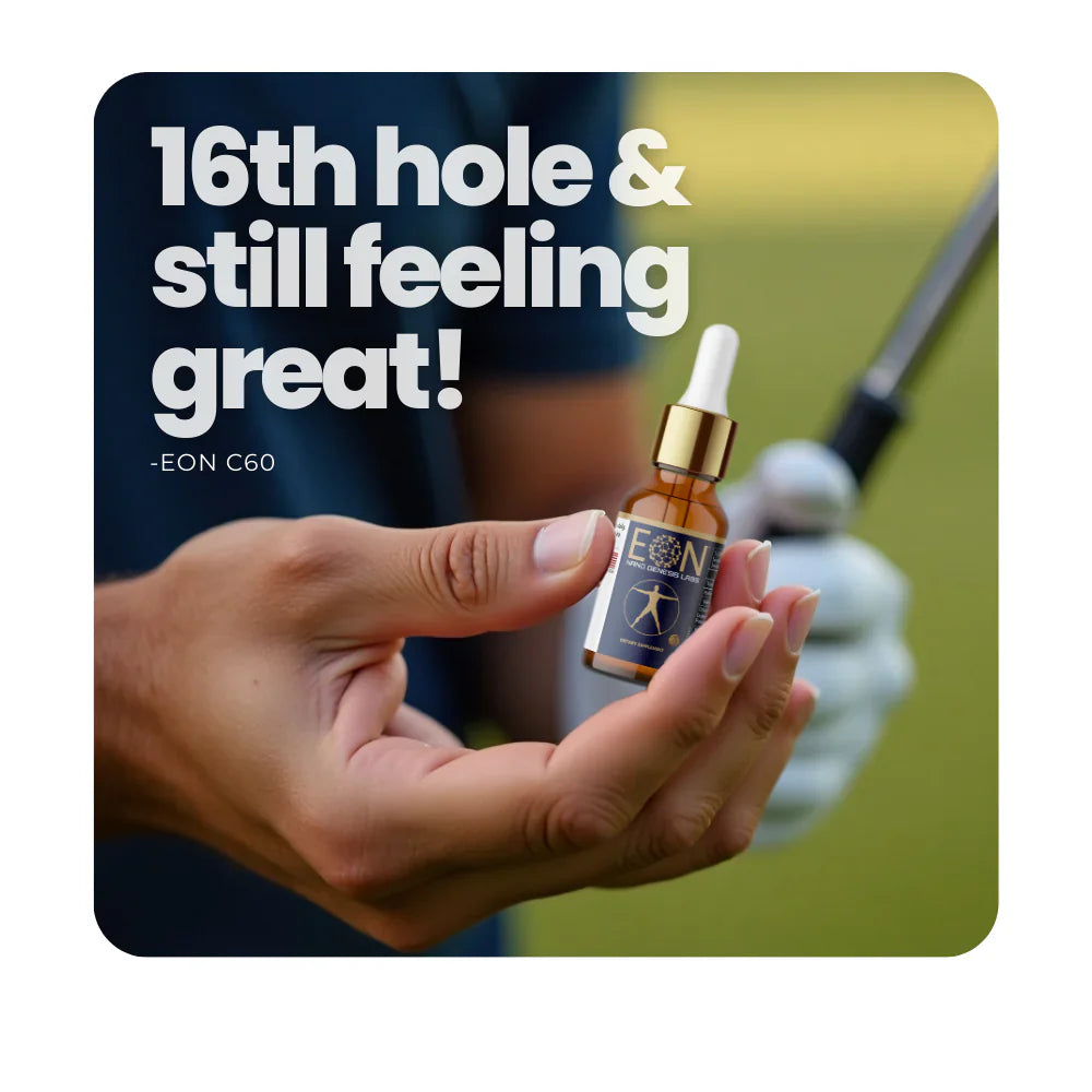 EON C60 supplement held by golfer, text 16th hole still feeling great