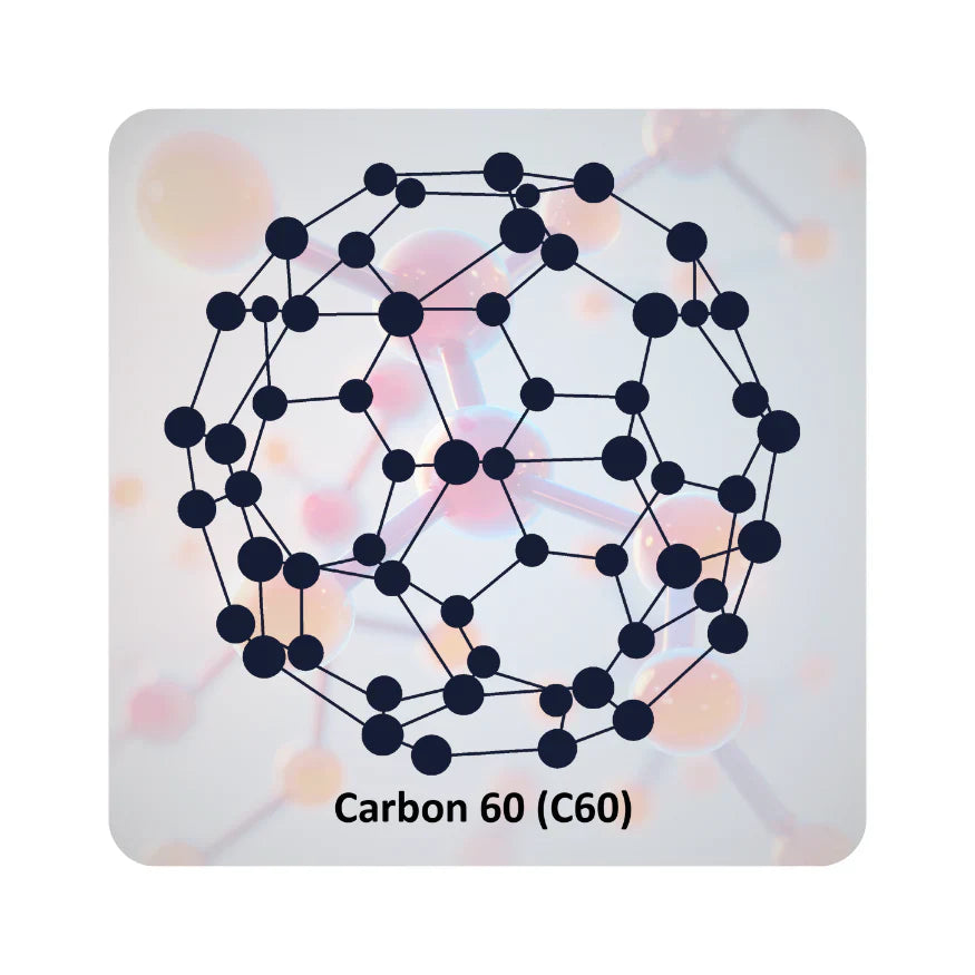 Illustration of Carbon 60 molecule with text Carbon 60 (C60)