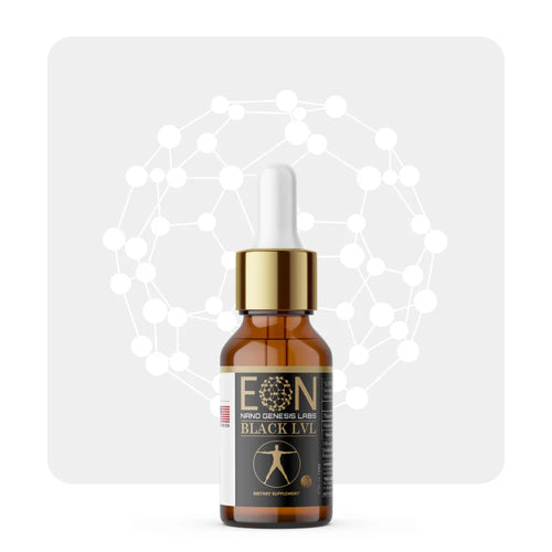 EON C60 Black Level dietary supplement dropper bottle with graphic background